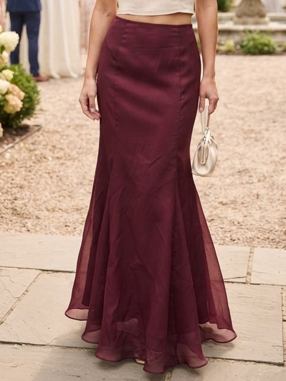 Chetta B Vintage Burgundy Organza Evening  Maxi Skirt with Flared Hem